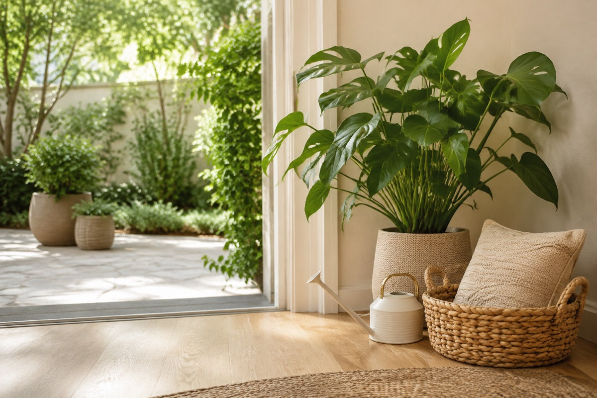 Un coin ensoleillé avec des plantes d’intérieur et des paniers tressés