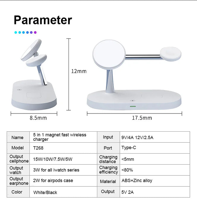 3-in-1 Magnetic Wireless Charger Stand for iPhone 12–17, Apple Watch Series 4–10 & AirPods (Qi)