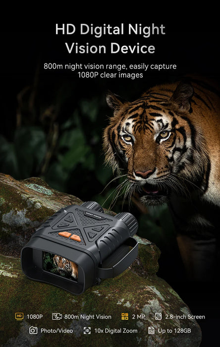 1080P Night Vision Binoculars 10x Digital — 800m Full-Dark IR, 2.8" Screen