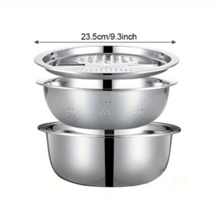 3-Piece Stainless Steel Mixing Bowl Set — Grater, Strainer & Drain for Food Prep