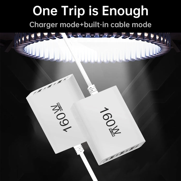 7-in-1 160W USB Charging Station – PD Type-C & USB-A, EU/US Plug, iPhone/Samsung/Xiaomi Compatible