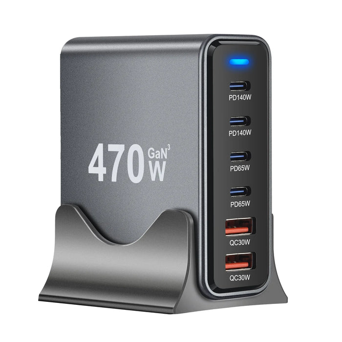 470W 6‑Port GaN Desktop Charger — 4C+2A USB‑C PD Fast Charge for Phones, Tablets & Laptops