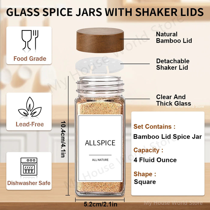 13-piece Glass Spice Jars with Bamboo Lids, 120ml Square Seasoning Jars with Shaker Lids, Labels & Funnel