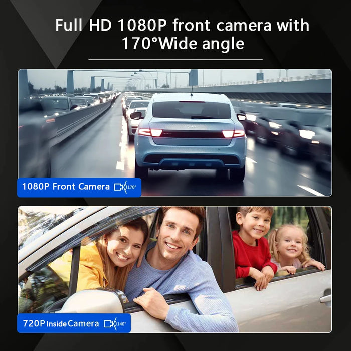 1080P Wi‑Fi Dual Dash Cam — Front & Interior, Night Vision, Loop Recording