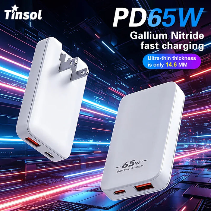 PD 65W Ultra-thin GaN Dual-Port Travel Charger with US/EU/UK/KR Interchangeable Plugs