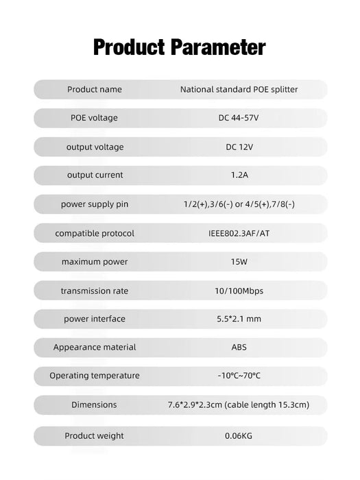 PoE Splitter 48V to 12V DC 1.2A for IP CCTV Cameras – 100 metres