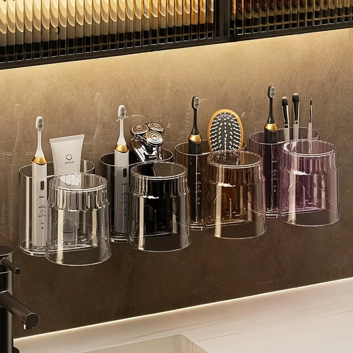 2 Sets Wall-Mounted Toothbrush Holders with Mouthwash Cups — Plastic Bathroom Storage