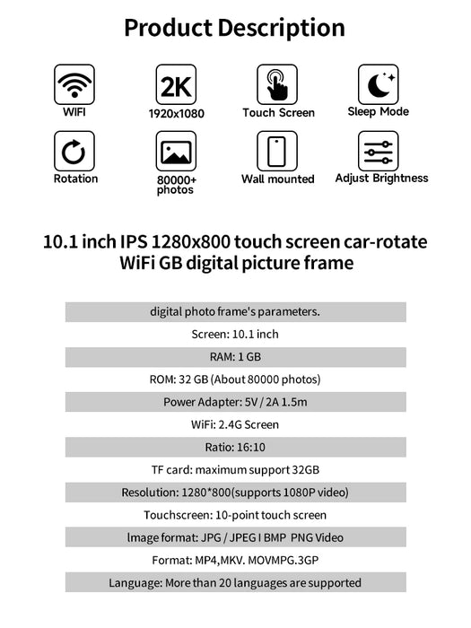 10.1-inch WiFi Digital Photo Frame – 1280×800 IPS Touchscreen, 32GB