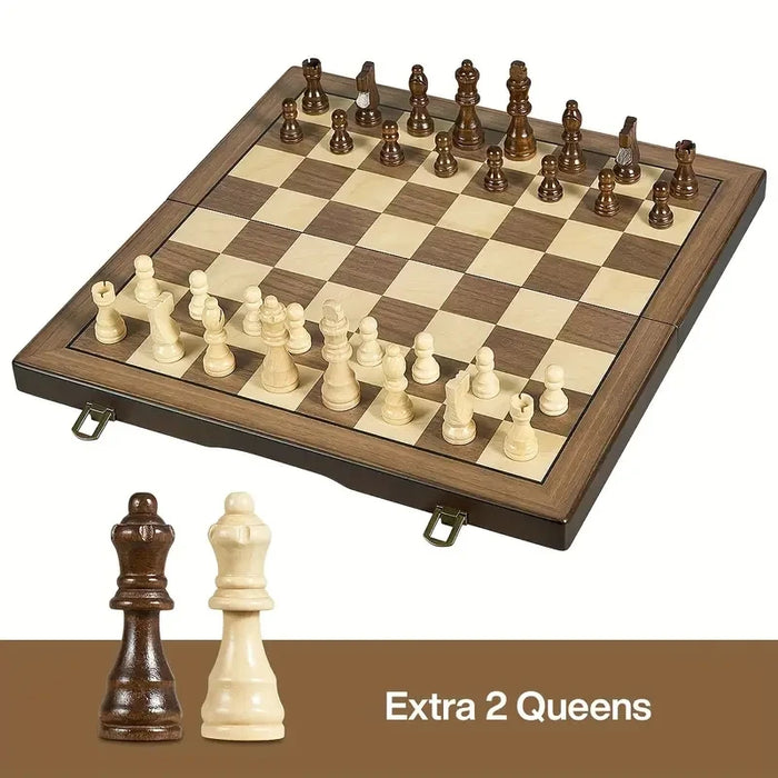 39.3cm (15.47in) Folding Wooden Chess Set with 2 Extra Queens — Portable Tournament Board