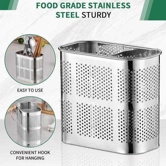 Stainless Steel Cutlery & Chopstick Drainer – 2-Compartment Utensil Holder with Hooks