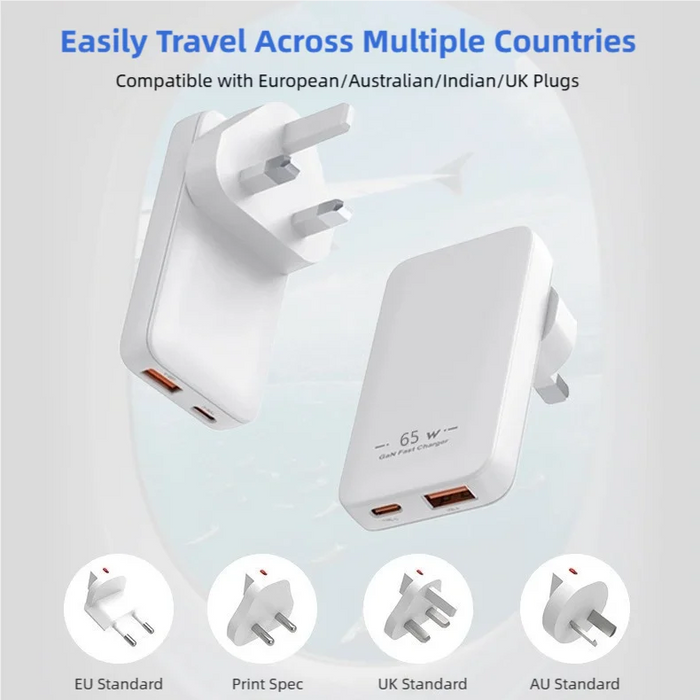 PD 65W Ultra-thin GaN Dual-Port Travel Charger with US/EU/UK/KR Interchangeable Plugs