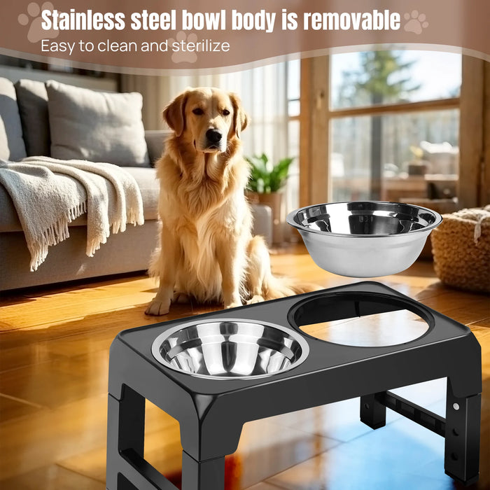 Dayplus Height-Adjustable Raised Dog Bowl – 2×1200ml Stainless Steel, 4 Heights (Black)