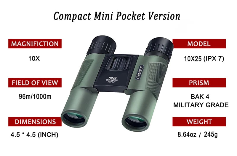 10x25 Compact Folding Binoculars — Lightweight Pocket Travel Binoculars for Adults & Kids