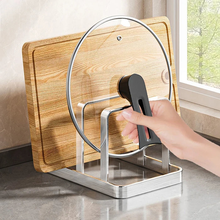 Stainless Steel Cutting Board & Pot Lid Organiser — Space-Saving Countertop Rack