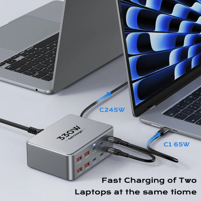 330W 10‑Port GaN USB‑C Charger — Dual 100W PD3.0/PPS Fast Charging Station