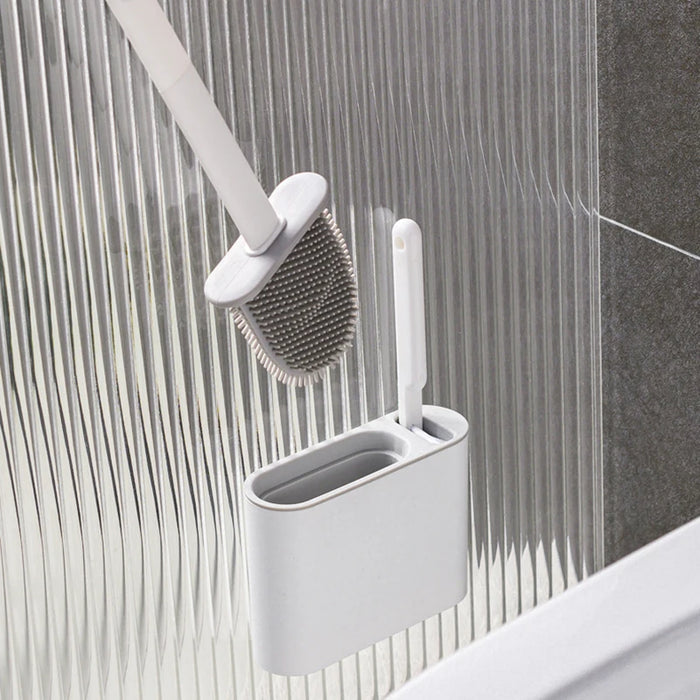 Wall-mounted Silicone Toilet Brush & Holder — Long Non-slip Handle, Ventilated Case, No-drill Fit