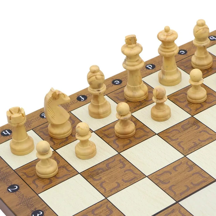 3‑in‑1 Foldable Wooden Travel Board — Chess, Checkers & Backgammon
