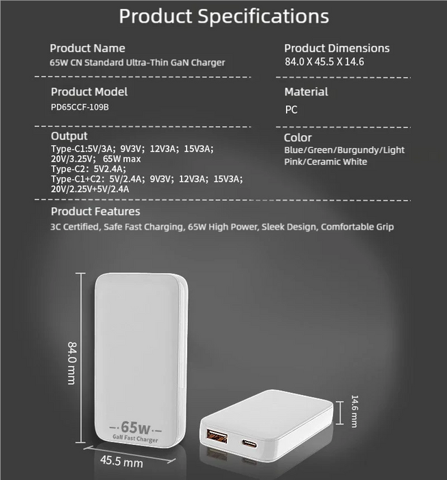 PD 65W Ultra-thin GaN Dual-Port Travel Charger with US/EU/UK/KR Interchangeable Plugs