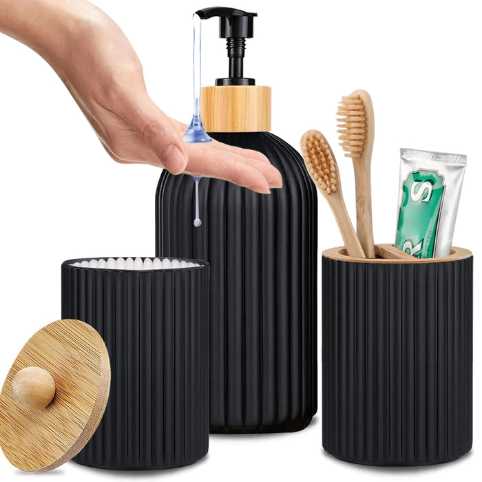 Bathroom Countertop Organiser – Soap Dispenser, Cotton Box & Toothbrush Holder (Plastic & Bamboo)