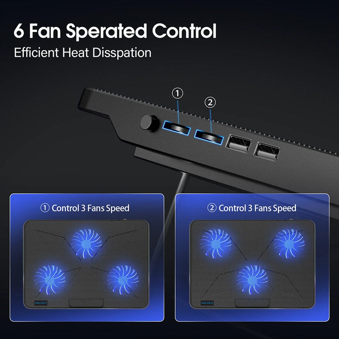 Laptop Cooling Pad for 12–17.3-inch Laptops — 6 Quiet Fans, 7-Stage Height & Phone Holder