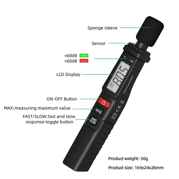 Digital Sound Level Meter (30–130 dB, A‑weighted) – Handheld Decibel Monitor