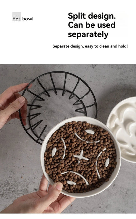 Elevated Ceramic Slow Feeder Bowl — Anti‑Choking Maze with Iron Stand