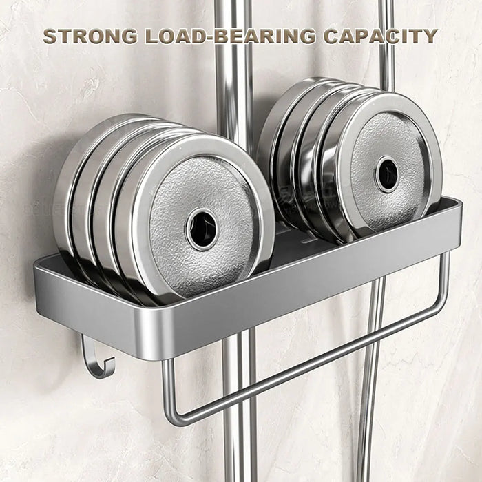No‑drill aluminium shower caddy with towel rod option — single or double