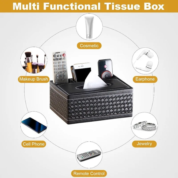 Faux Leather Tissue Box Cover with Remote Holder — Living Room & Desktop Organiser