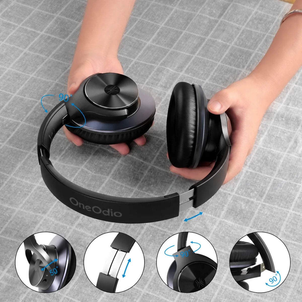 Ilustración original del plegado que muestra la diadema ajustable, los auriculares giratorios y las articulaciones plegables