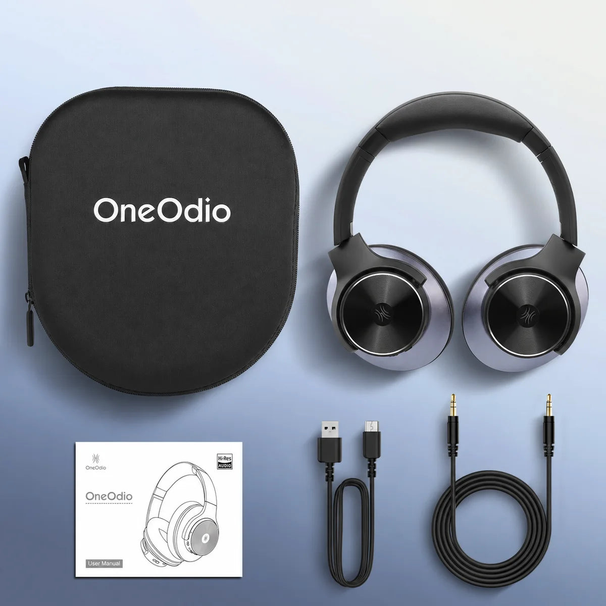 Accesorios incluidos originalmente: auriculares, estuche de transporte OneOdio EVA, cable USB-C, cable de 3,5 mm y guía del usuario