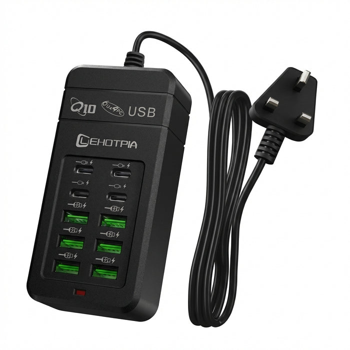 6x USB-A & 4x USB-C Multi‑Plug USB Charger with 1.2m Cord — EU/UK/US