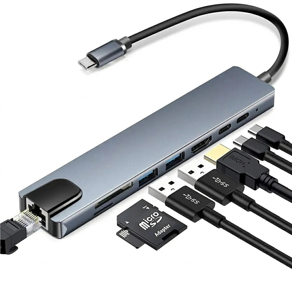 USB-C 8-in-1 Hub — HDMI 4K 30Hz, 100W PD, RJ45 100Mbps, SD/TF & USB 3 ...