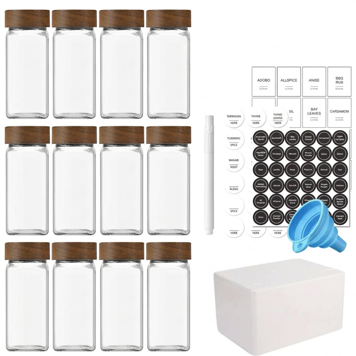 13-piece Glass Spice Jars with Bamboo Lids, 120ml Square Seasoning Jars with Shaker Lids, Labels & Funnel