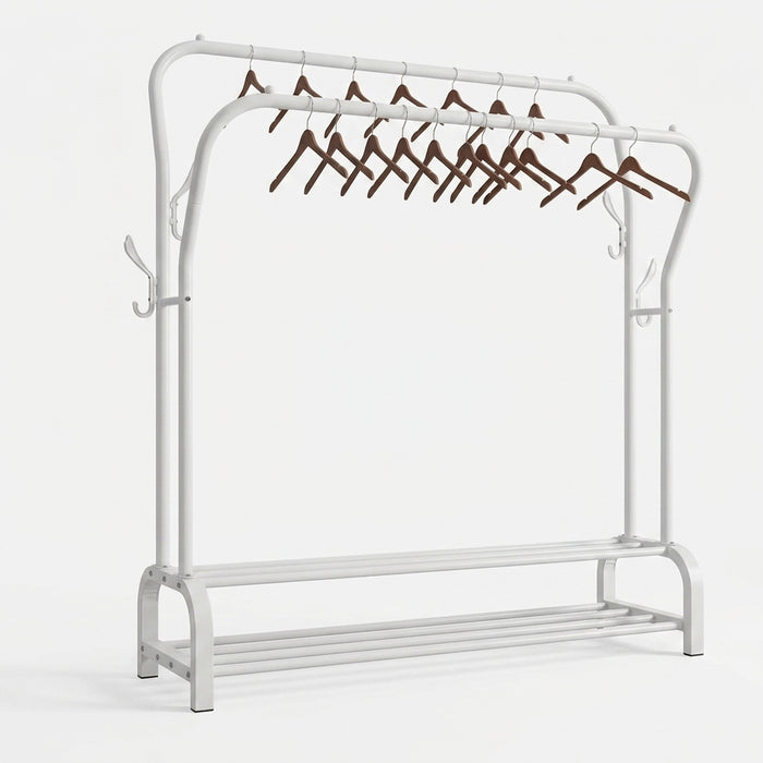 Double-Rail Standing Clothes Rack with Shoe Shelf – Metal Rail for Bedroom & Living Room