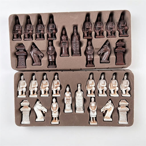Large 43cm (16.93in) Imitation Terracotta Army Plastic Chess Set with Aged Leather-Effect Board