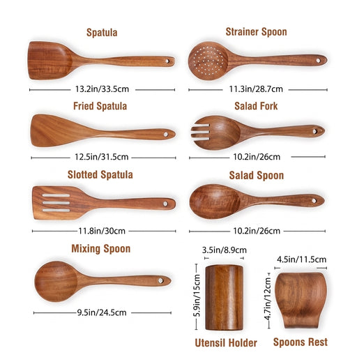 9-Piece Teak Wooden Kitchen Utensil Set with Holder