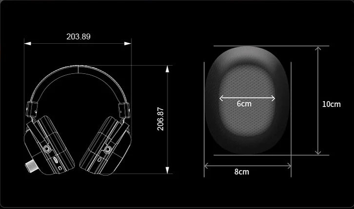 Schema delle dimensioni del cuscinetto auricolare, con un’altezza di circa 10 cm, una larghezza esterna di 8 cm e una larghezza interna di 6 cm