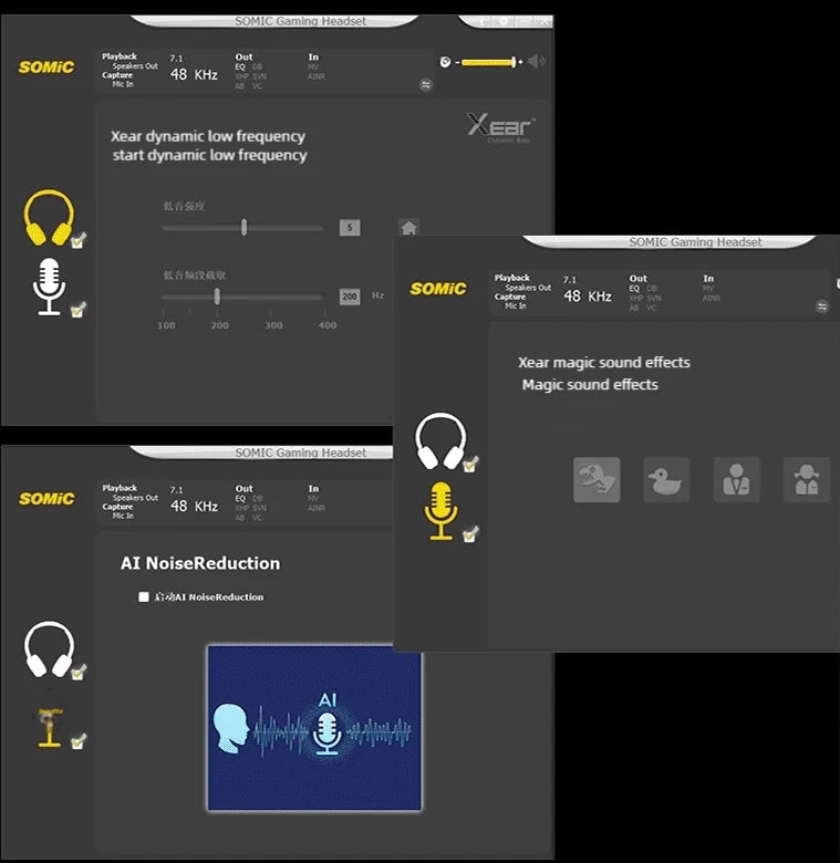 Software driver SOMiC che mostra la regolazione dei bassi, gli effetti vocali e la riduzione del rumore del microfono tramite IA
