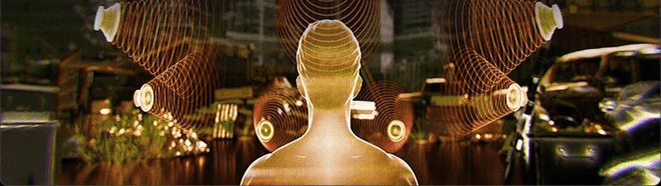 Illustrazione del produttore del suono che circonda un ascoltatore