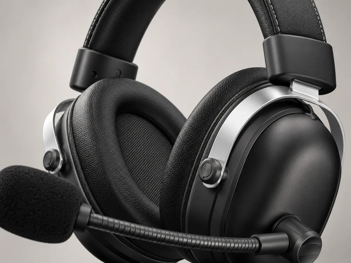 Primo piano del cuscinetto auricolare imbottito del Commander e del supporto in alluminio argentato dell’archetto